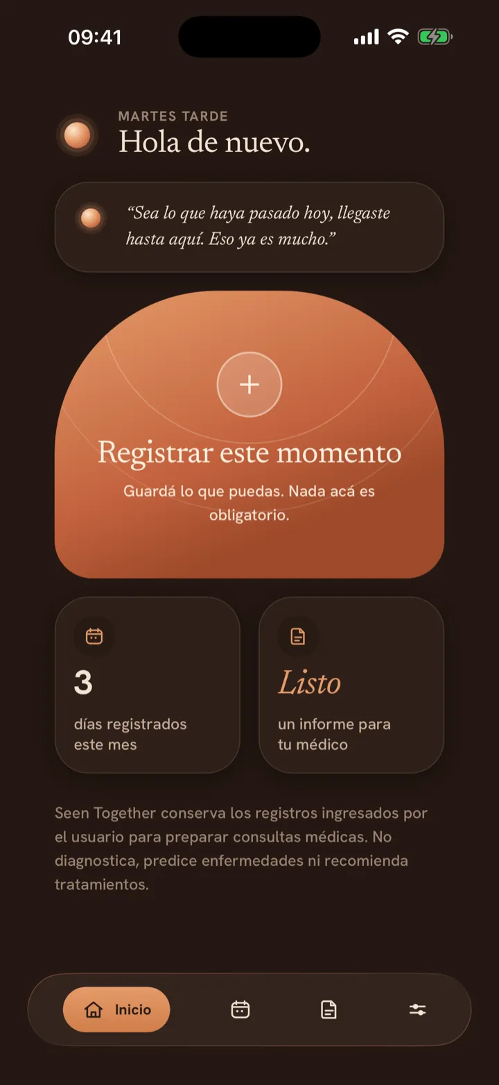 Pantalla de inicio de Seen Together, con el saludo del compañero y el resumen del mes