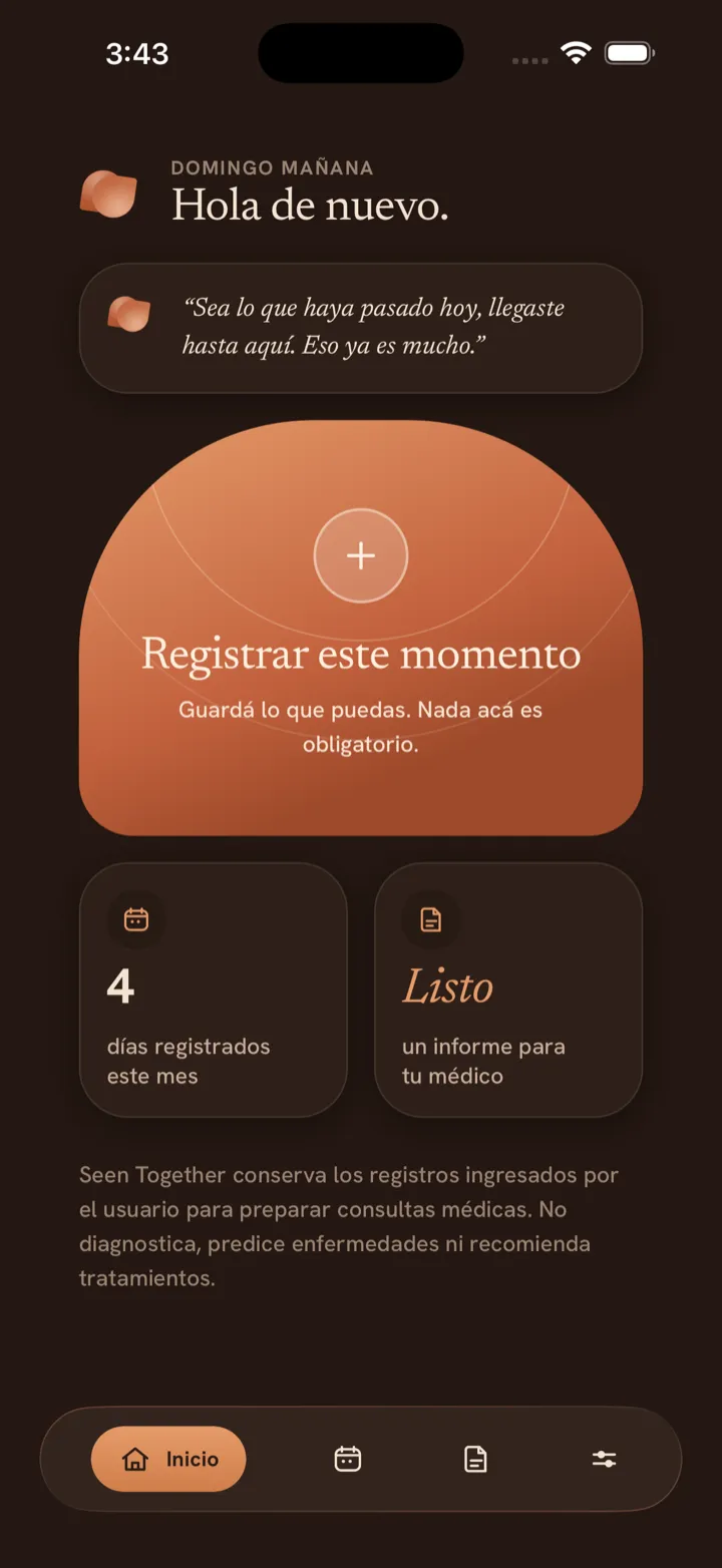 Pantalla de inicio de Seen Together, con el saludo del compañero y el resumen del mes