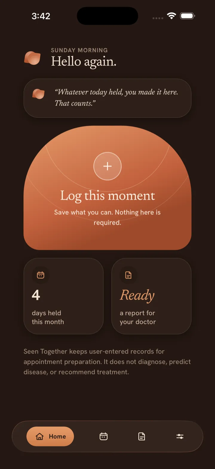 Seen Together home screen, with the companion greeting and the month summary