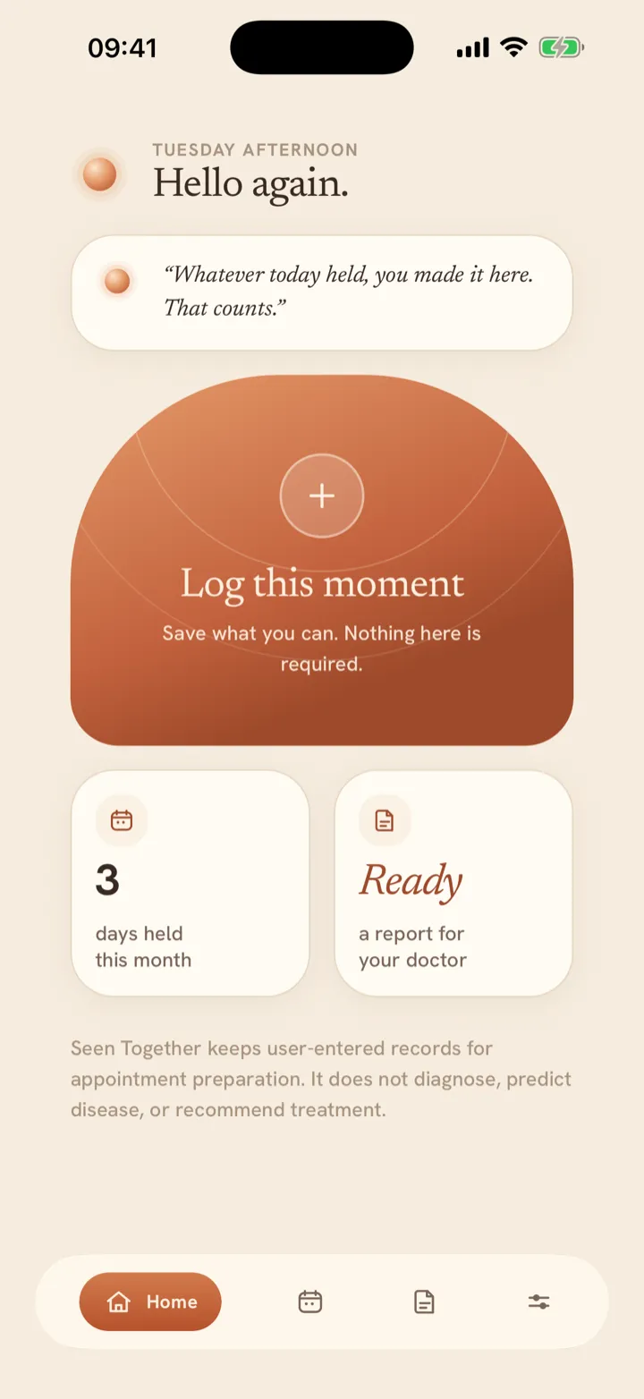Seen Together home screen, with the companion greeting and the month summary