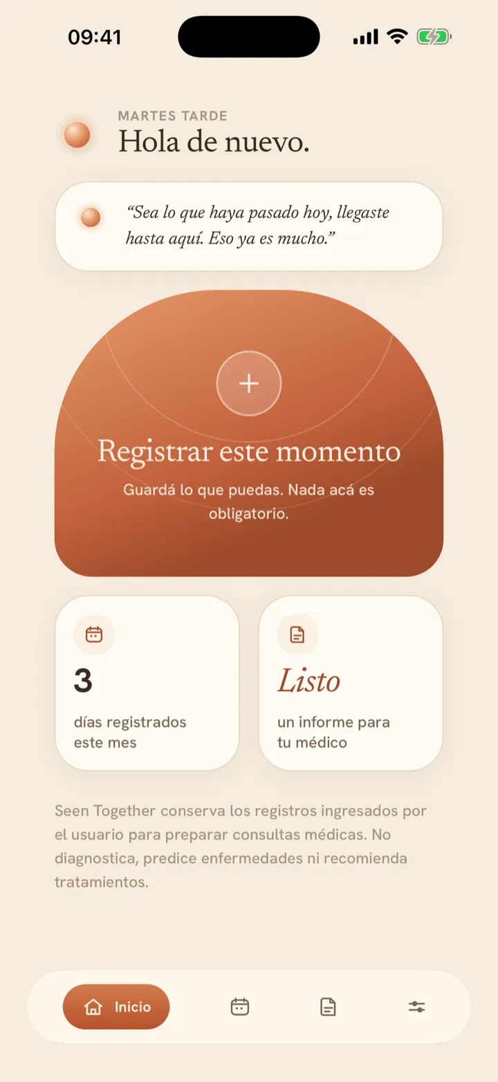 Pantalla de inicio de Seen Together, con el saludo del compañero y el resumen del mes