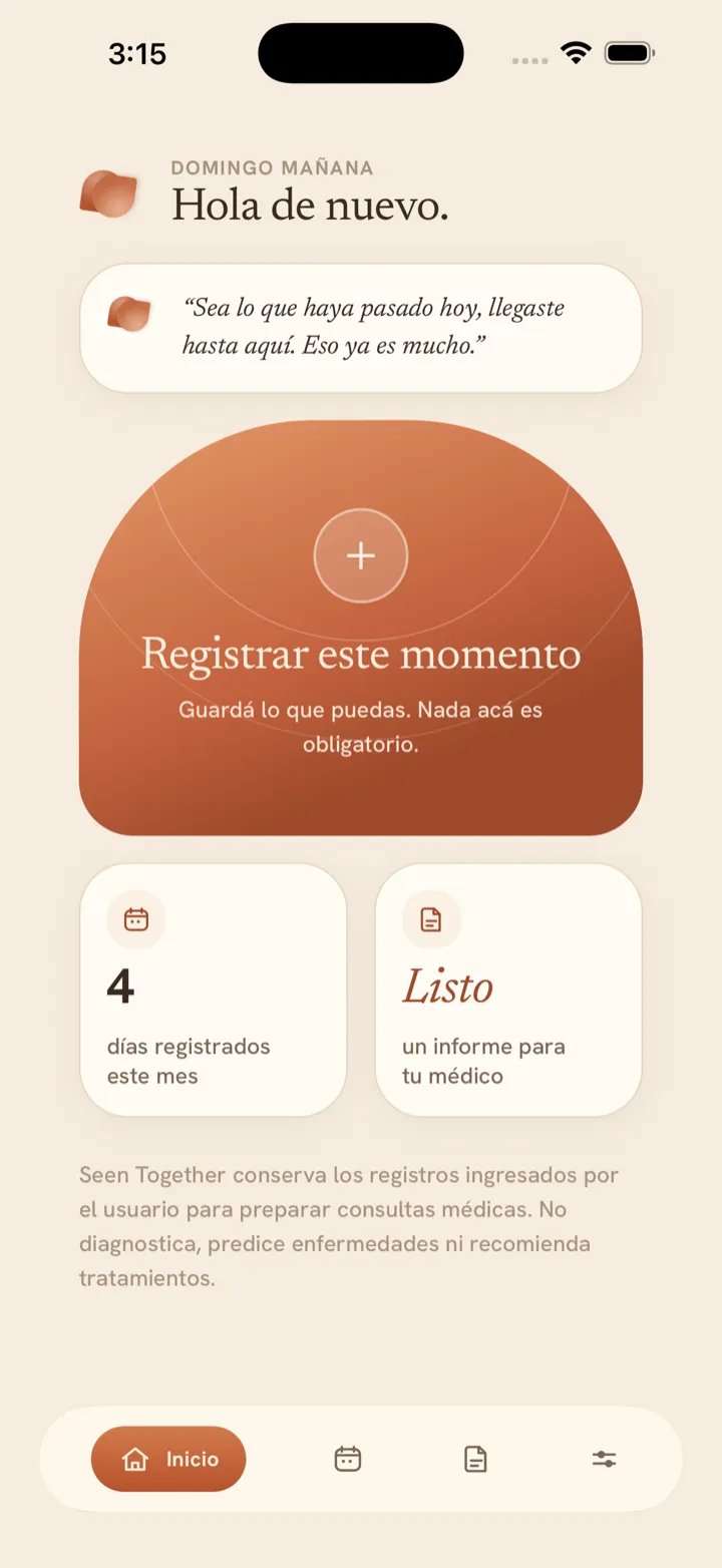 Pantalla de inicio de Seen Together, con el saludo del compañero y el resumen del mes