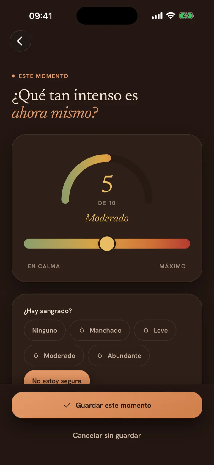 Pantalla de registro rápido de Seen Together, con el medidor de dolor y las opciones de sangrado
