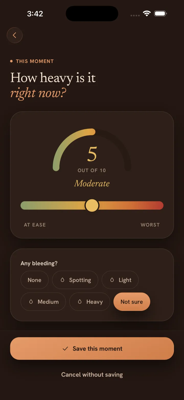 Seen Together quick-log screen, with the pain gauge and bleeding options