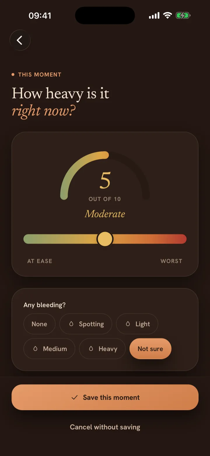 Seen Together quick-log screen, with the pain gauge and bleeding options