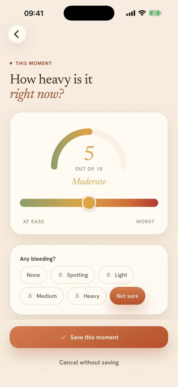 Seen Together quick-log screen, with the pain gauge and bleeding options