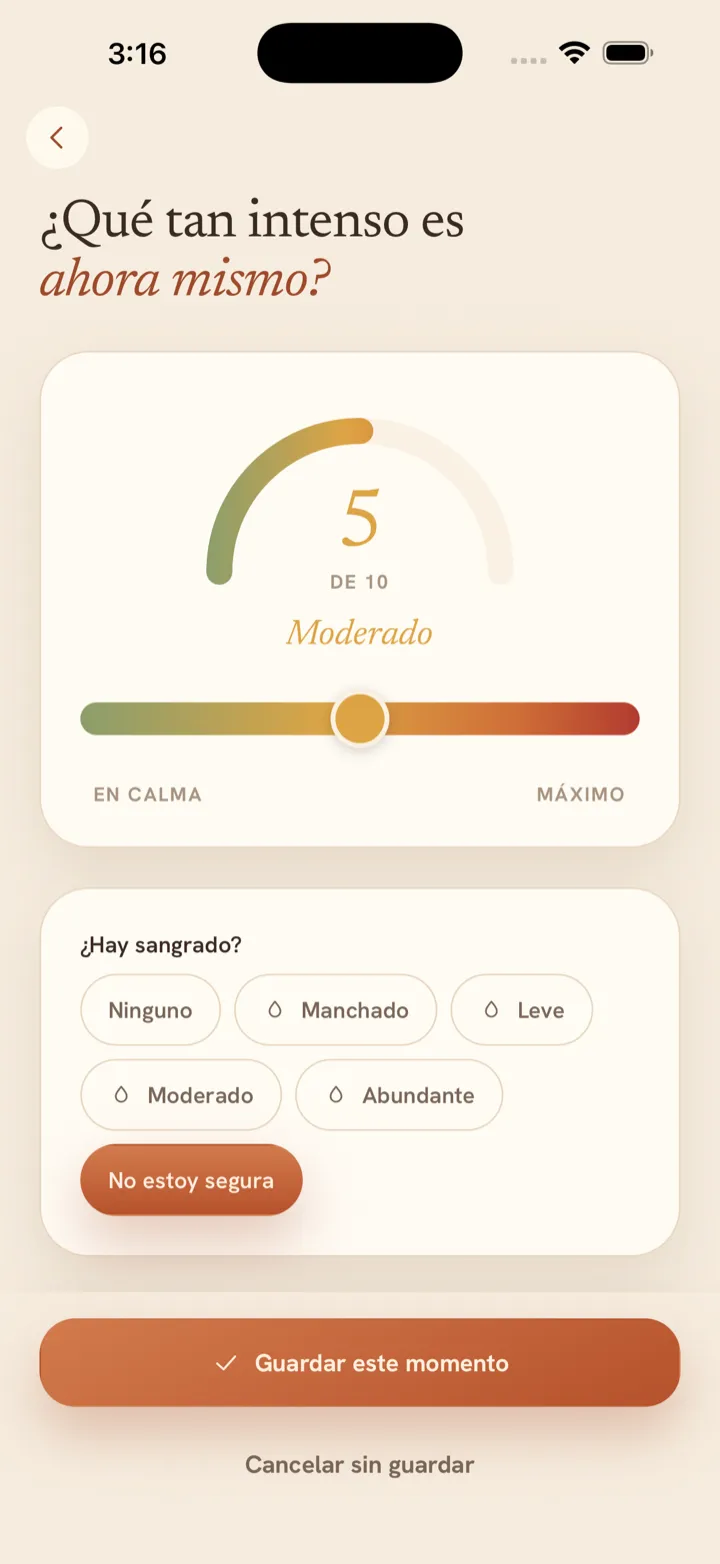 Pantalla de registro rápido de Seen Together, con el medidor de dolor y las opciones de sangrado