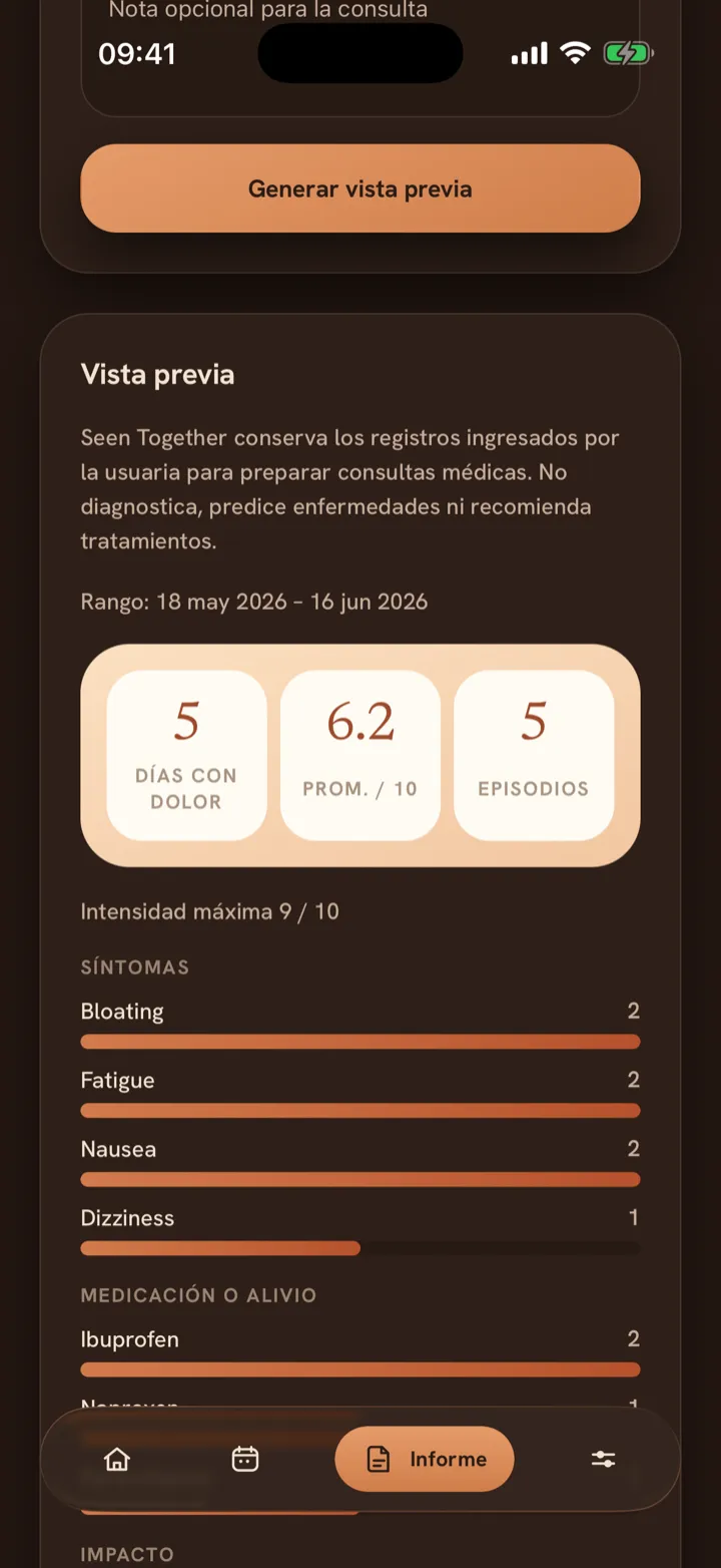 Pantalla del informe de Seen Together, con días con dolor, intensidad media y síntomas