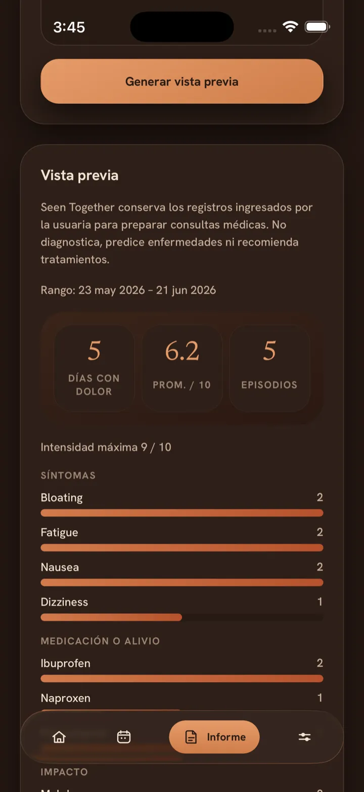 Pantalla del informe de Seen Together, con días con dolor, intensidad media y síntomas