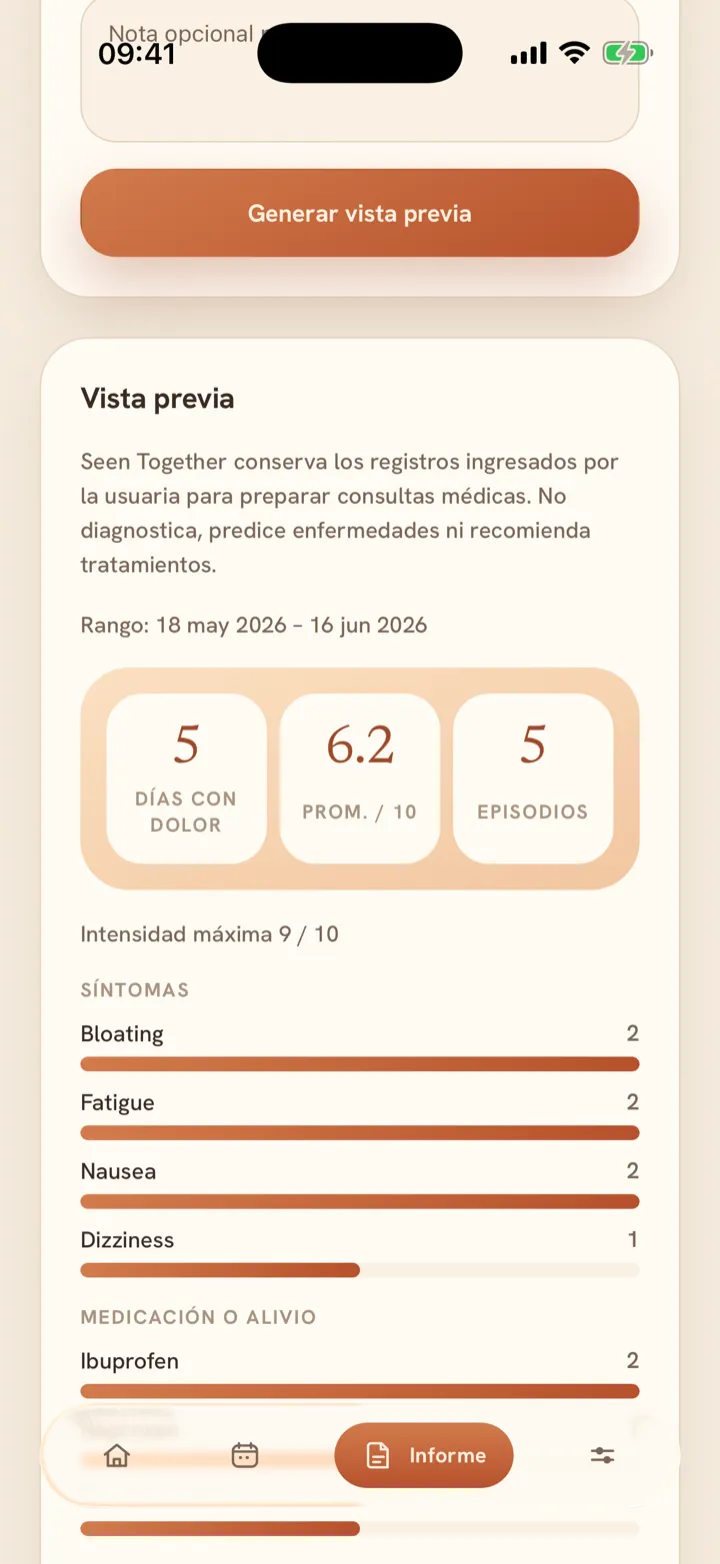 Pantalla del informe de Seen Together, con días con dolor, intensidad media y síntomas